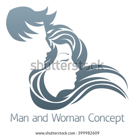 An illustration of a handsome man and beautiful woman with flowing hair in profile