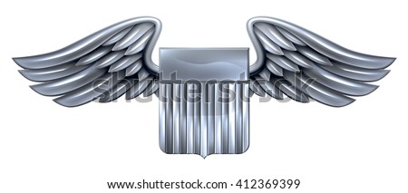 A winged silver metallic shield design with United States flag stripes