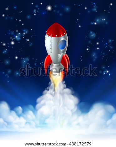 A cartoon rocket lifting off or launching in front of a star filled sky
