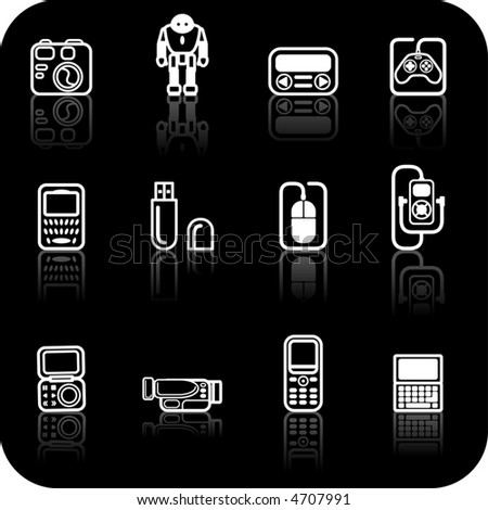 Gadget Icon set. A set of white gadget icons on black background