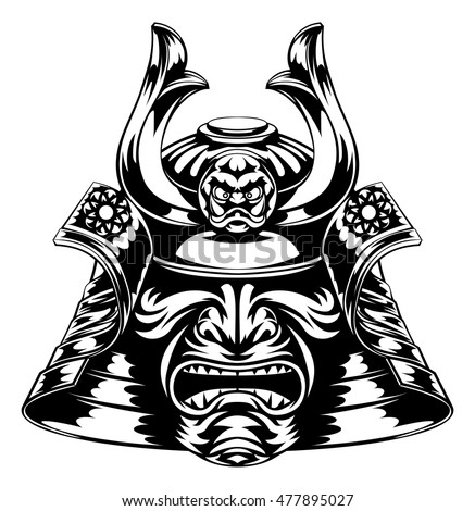 A Japanese samurai mask and helmet illustration