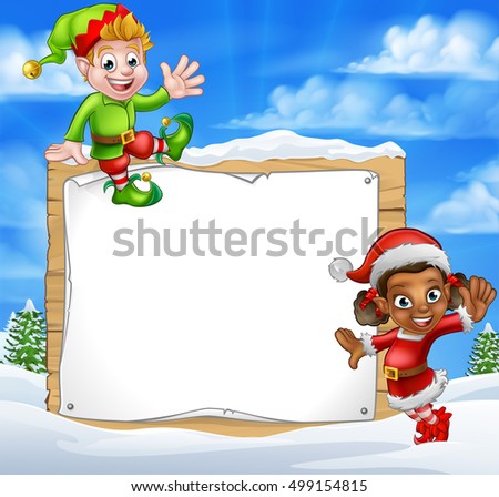 A winter snow scene landscape Christmas sign elf helpers cartoon characters one in a Santa hat