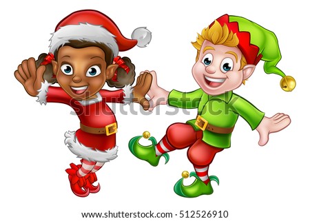 Two dancing cartoon Christmas elves Santas little helpers