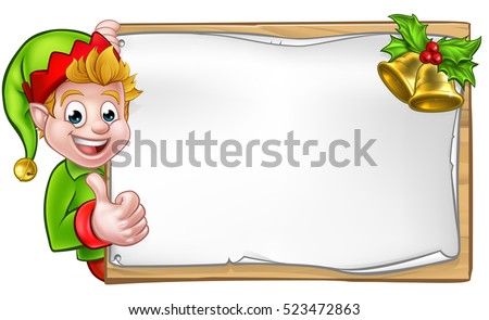 Christmas elf cartoon character peeking around wooden scroll sign with gold bells and holly and giving a thumbs up