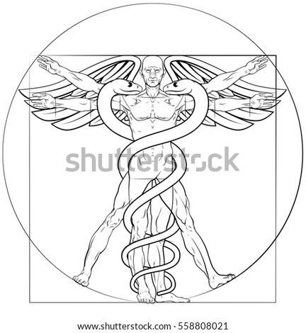 Caduceus medical symbol Vitruvian man concept with figure like Leonard Da Vinci anatomy drawing