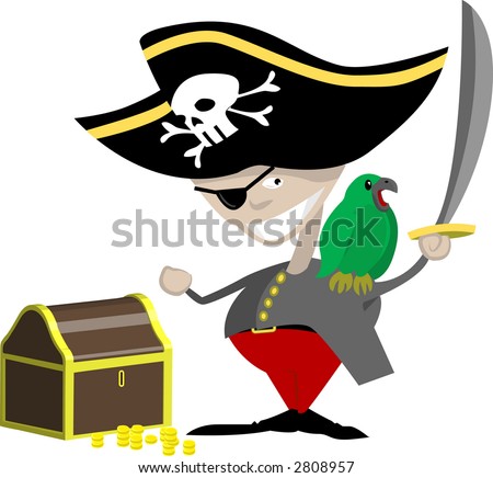 A pirate with a parrot and chest of treasure. Raster version