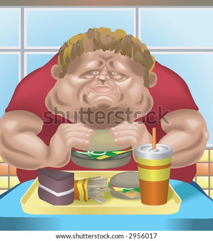 Obese man in fast food restaurant An obese man in fast food restaurant consuming junk food.  Raster version