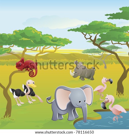 Cute African safari animal cartoon characters scene. Series of three illustrations that can be used separately or side by side to form panoramic landscape.