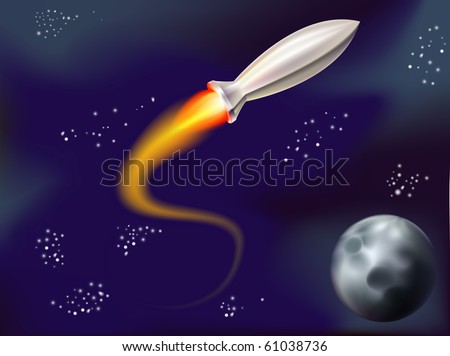 a fun illustration of a rocket flying in space with stars and planet in view