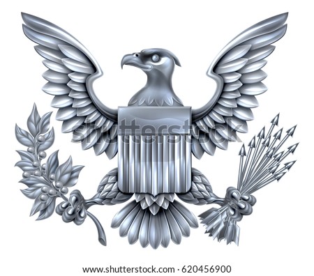 Silver Steel metal American Eagle Design with bald eagle like that found on the Great Seal of the United States holding an olive branch and arrows with American flag shield