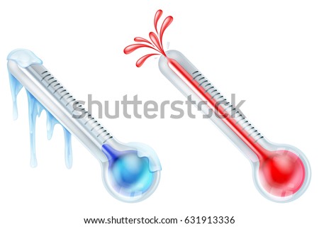 Hot and cold thermometer icon set with one frozen and one bursting