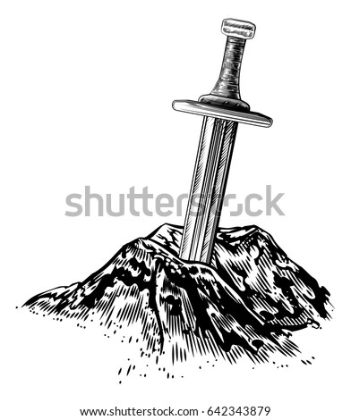 A vintage style illustration of  Excalibur the sword in the stone from the Arthurian legends