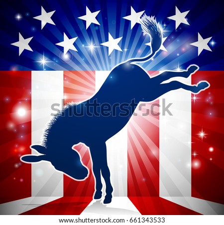 A donkey in silhouette kicking with an American flag in the background democrat political mascot