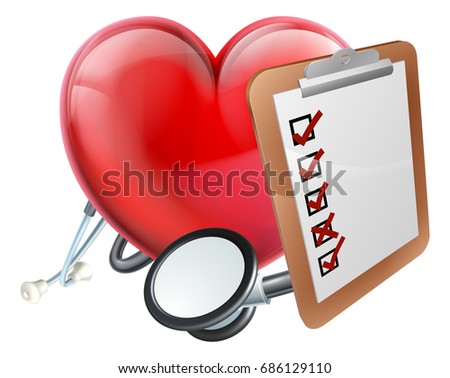 A heart shaped symbol, stethoscope and clipboard. Conceptual healthcare medical illustration.