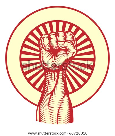 Soviet cold war propaganda poster style revolution fist raised in the air