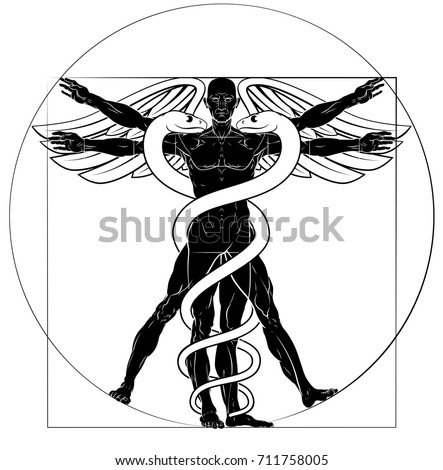 Caduceus medical sign with Vitruvian man figure like Leonard Da Vinci drawing