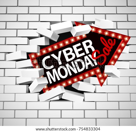 A Cyber Monday sale sign breaking through a white brick wall