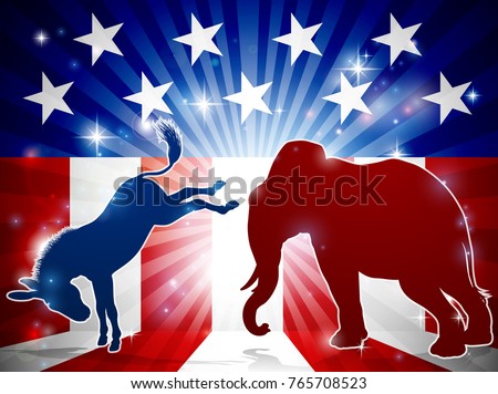 An elephant and donkey in silhouette facing off with an American flag in the background democrat and republican political mascot animals