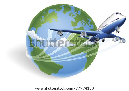 Airplane circling the globe and flying out