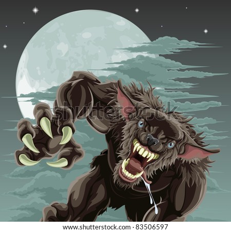 A frightening werewolf in front of moonlit sky. Halloween illustration.