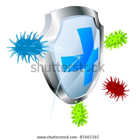 Shield with virus or bacteria bouncing off it. Antibacterial or antiviral concept. Could also represent computer virus.