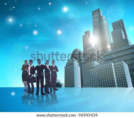 Business team of in front of modern city background.