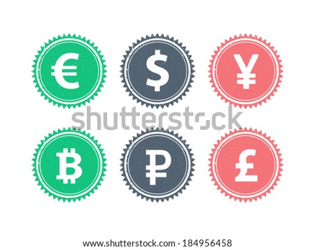 Euro Dollar Yen Yuan Bitcoin Rubel Pound mainstream currencies symbols on grunge vintage hipster style stamp badge sign vector illustration graphic template isolated on white background
