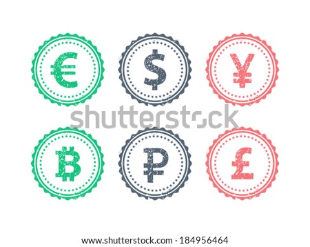 Euro Dollar Yen Yuan Bitcoin Rubel Pound mainstream currencies symbols on grunge vintage hipster style stamp badge sign vector illustration graphic template isolated on white background