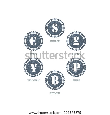 Euro Dollar Yen Yuan Bitcoin Ruble Pound Mainstream currencies symbols on grunge circle sign. Vector illustration graphic template isolated on white background.