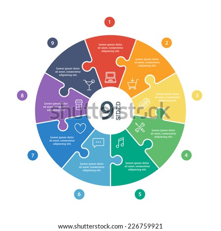 Nine sided, numbered flat rainbow spectrum colored puzzle presentation infographic chart with explanatory text field isolated on white background. Vector graphic template.