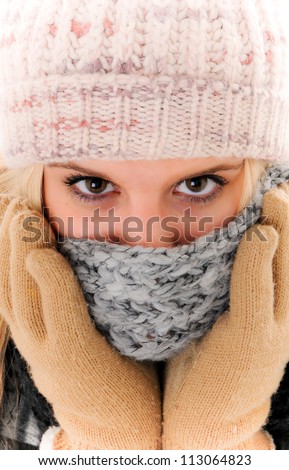 Winter Woman with Beautiful eyes wearing a Scarf and Mittens covering her mouth and nose