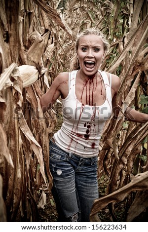 Horror Scene of a Terrified Woman Screaming in a Corn Field