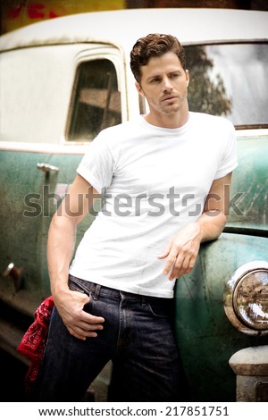 Vintage Truck with Good Looking guy leaning against it