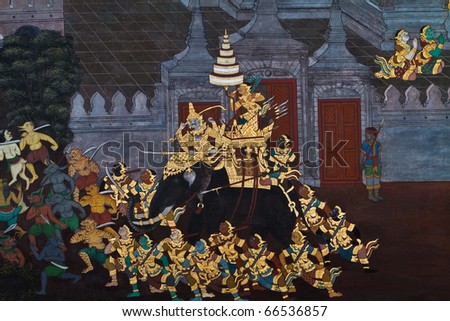 Thai Art in Wat phra kaeo in the Grand palace area, one of the major tourism attraction in Bangkok, Thailand
