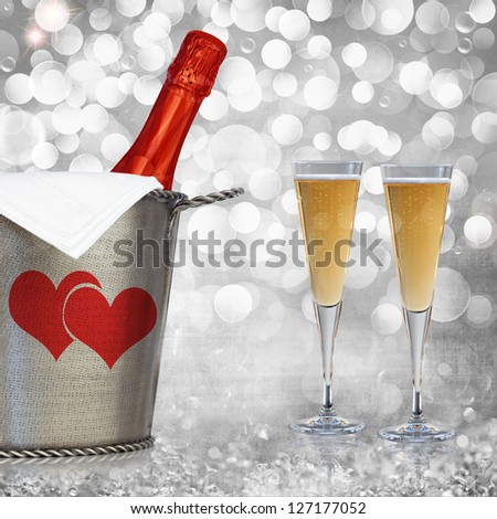 Champagne In Vintage Silver Bucket With Hammered Texture & Glasses Of Champagne Wine Over Elegant Grunge Silver, Pink, Red Valentines Heart Light Bokeh & Crystal Background