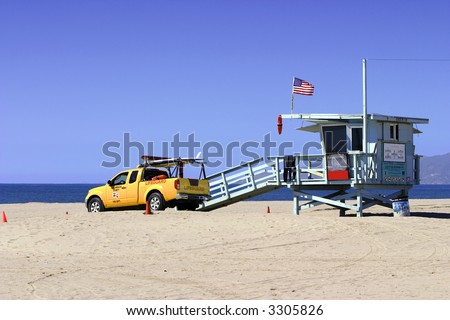 Lifeguard Vehicle And Tower On Los Angeles Beach