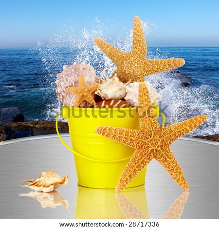 Day Spa Still-life With Starfish And Sea Shells In Colorful Yellow Beach Bucket On Metal Table
