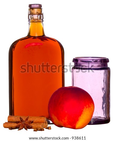 Spiced Peaches ~ Peach, Rum, Cinnamon And Cloves With Vintage Bottle & Fruit Jar ~ Turned Violet By Exposure to Sun ~ Includes Clipping Path