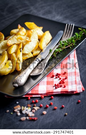 Potato wedges with species on serving plate