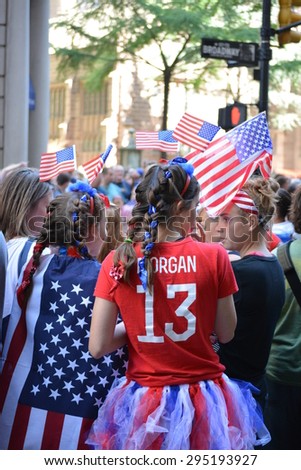 New York City, USA - July 10, 2015: Young soccer fans at the Women\'s World Cup championship team victory parade in New York City.