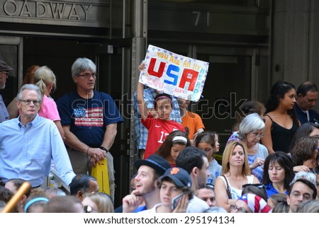 New York City, USA - July 10, 2015: Young soccer fans at the Women\'s World Cup championship team victory parade in New York City.