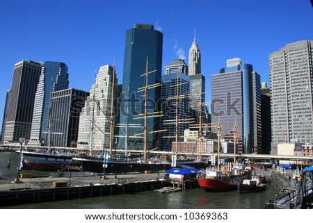 A view of the Downtown skyline and South Street Seaport, New York City.