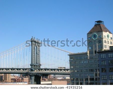 Manhattan Bridge and buildings in the Brooklyn neighborhood of Dumbo.