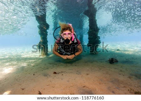 Female SCUBA diver underneath a jetty surrounded by a shoal of f