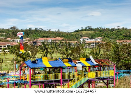 BORACAY, PHILIPPINES - NOVEMBER 9 2013: A local fairground has its roof torn apart by Super Typhoon Haiyan as it passes over the Philippines