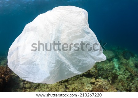 A discarded plastic garbage bag floating next to a tropical coral reef in the ocean
