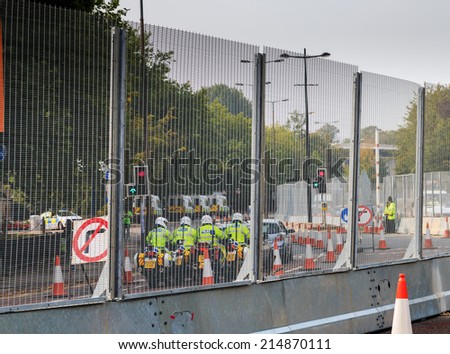 CARDIFF, WALES - SEPTEMBER 3 2014: A huge security operation surrounds the NATO summit in South Wales.  Thousands of extra police and tens of miles of fencing have been brought in to the area