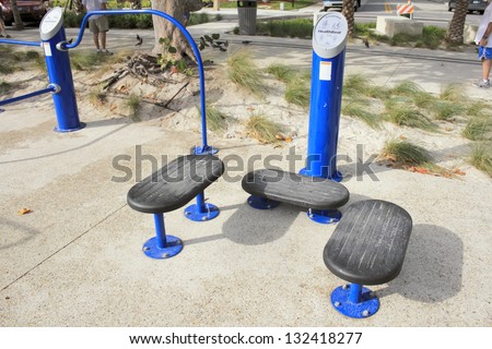 POMPANO BEACH, FLORIDA - DECEMBER 29: Plyometrics exercise equipment for physical fitness located in an exercise area near the beach on December 29, 2012 in Pompano Beach, Florida.