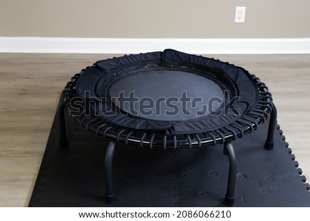 Bungee rebounder on a black exercise mat on vinyl plank simulated wood grain brown and beige flooring. Healthy bungee rebounding exercise equipment on a thick exercise mat in indoor space in the day.
 Stock foto © 