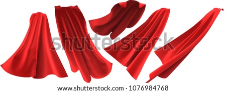 Superhero red cape set isolated on white background. 3D rendering. Front, back and side view. Superpower concept. Foto d'archivio © 